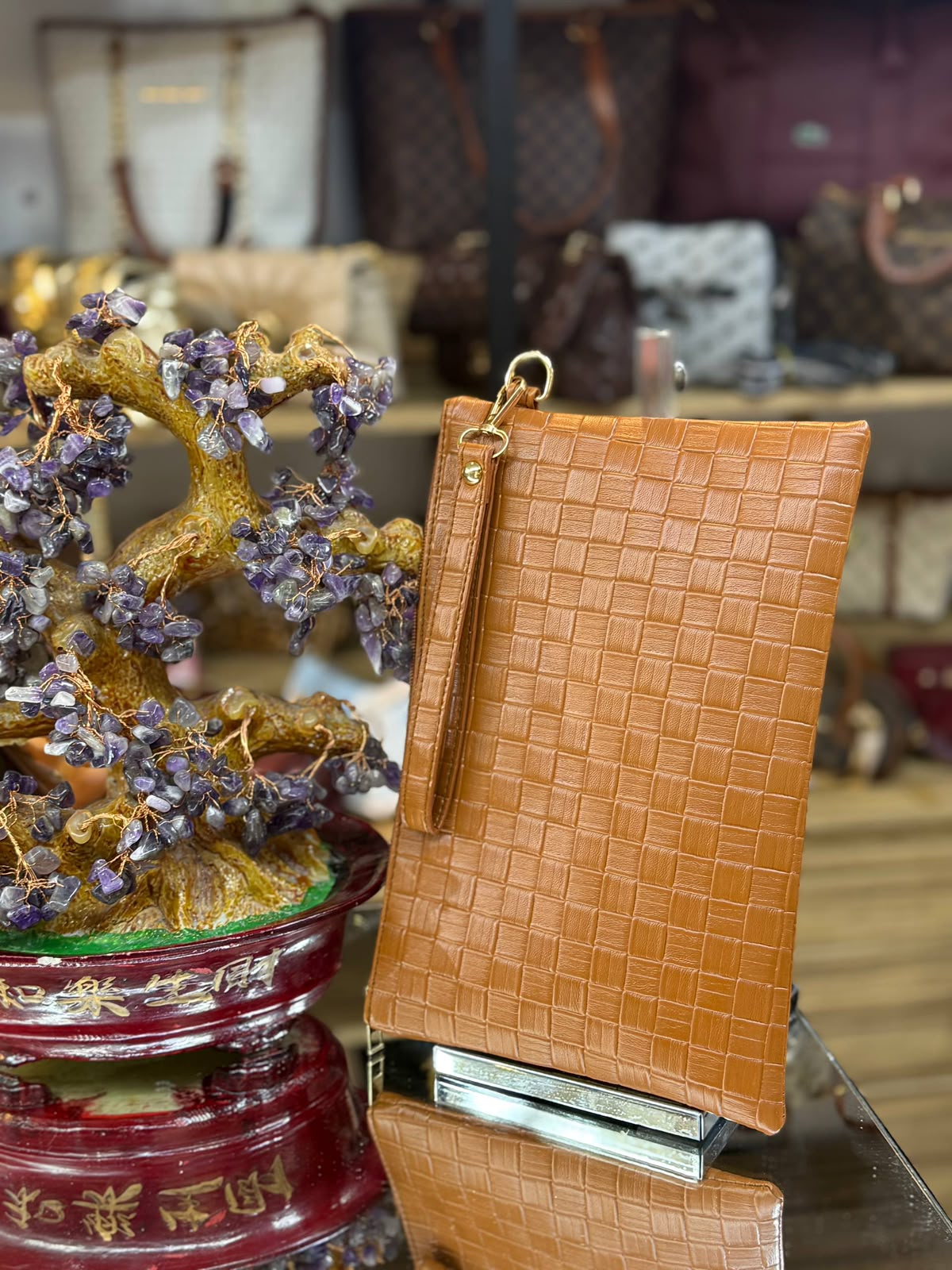 Örgü ve Crinkle Dokulu Bilek Askılı Deri Portföy Çantası (Clutch)