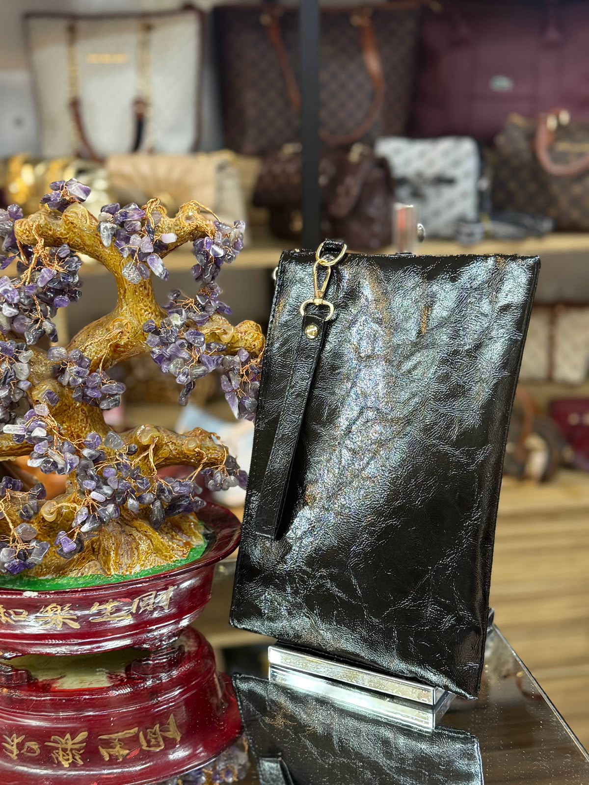 Örgü ve Crinkle Dokulu Bilek Askılı Deri Portföy Çantası (Clutch)
