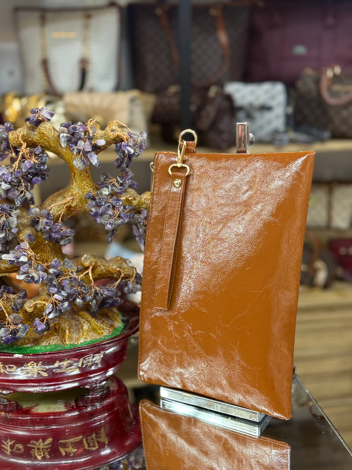 Örgü ve Crinkle Dokulu Bilek Askılı Deri Portföy Çantası (Clutch)