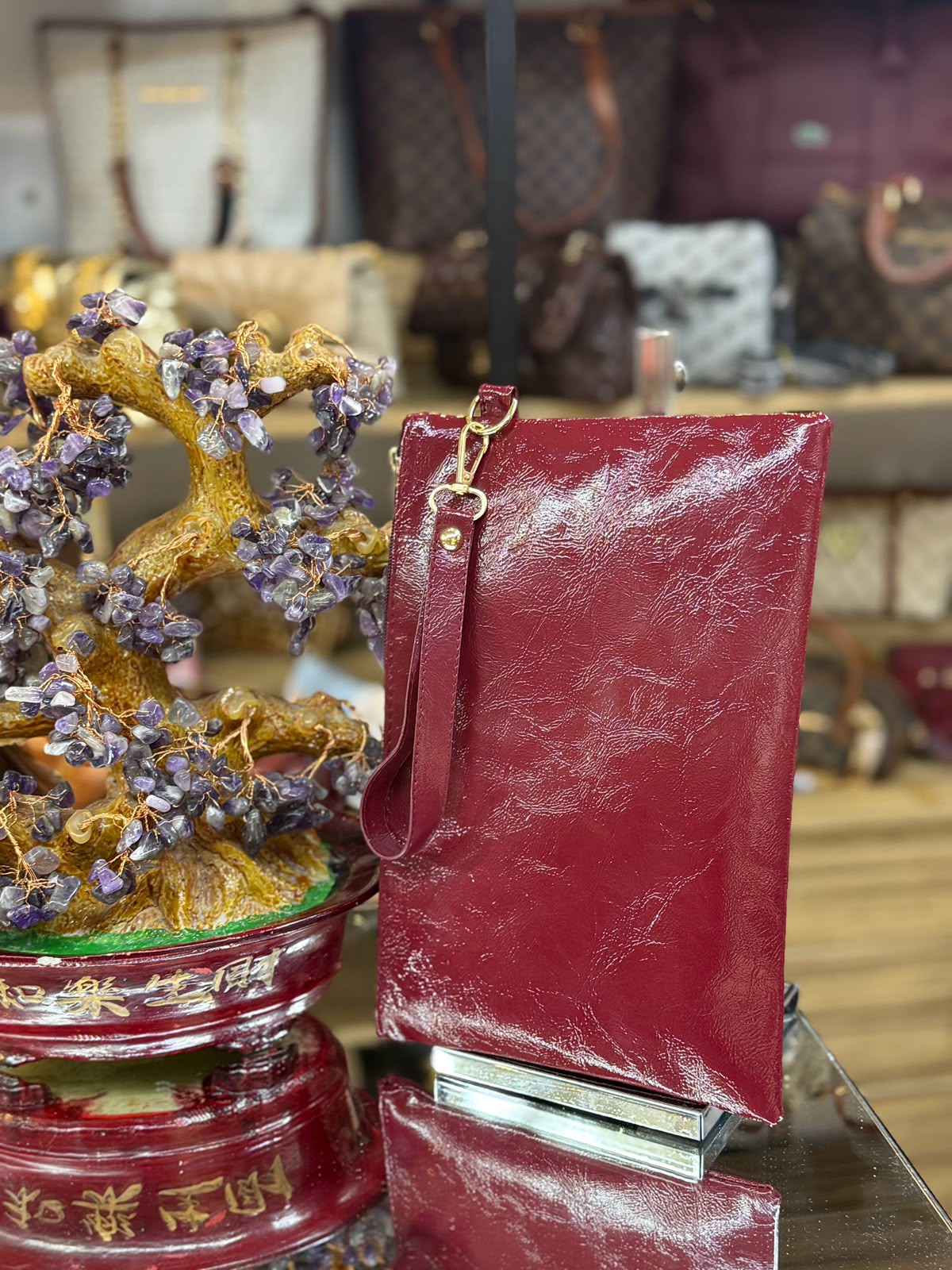 Örgü ve Crinkle Dokulu Bilek Askılı Deri Portföy Çantası (Clutch)