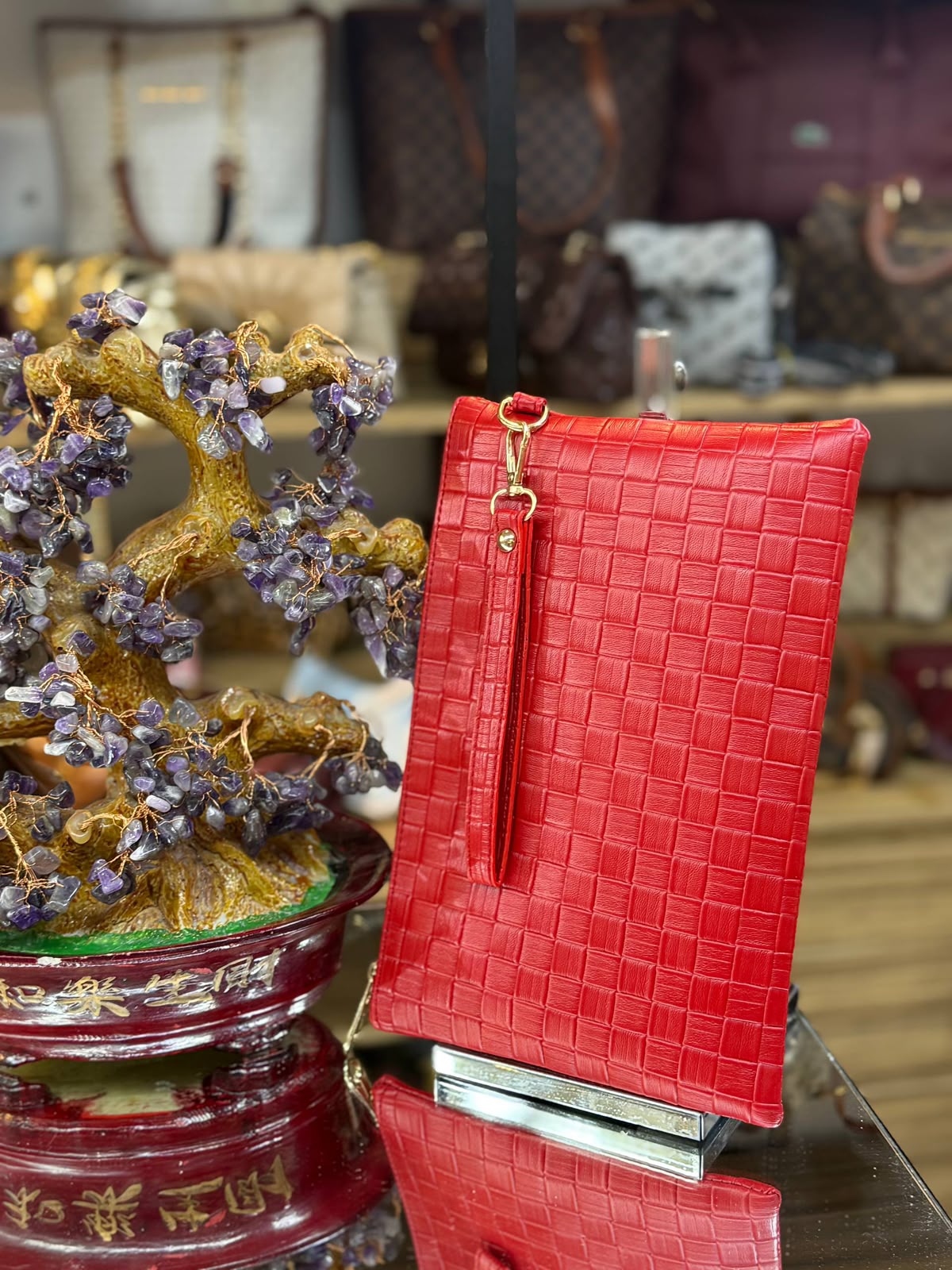 Örgü ve Crinkle Dokulu Bilek Askılı Deri Portföy Çantası (Clutch)