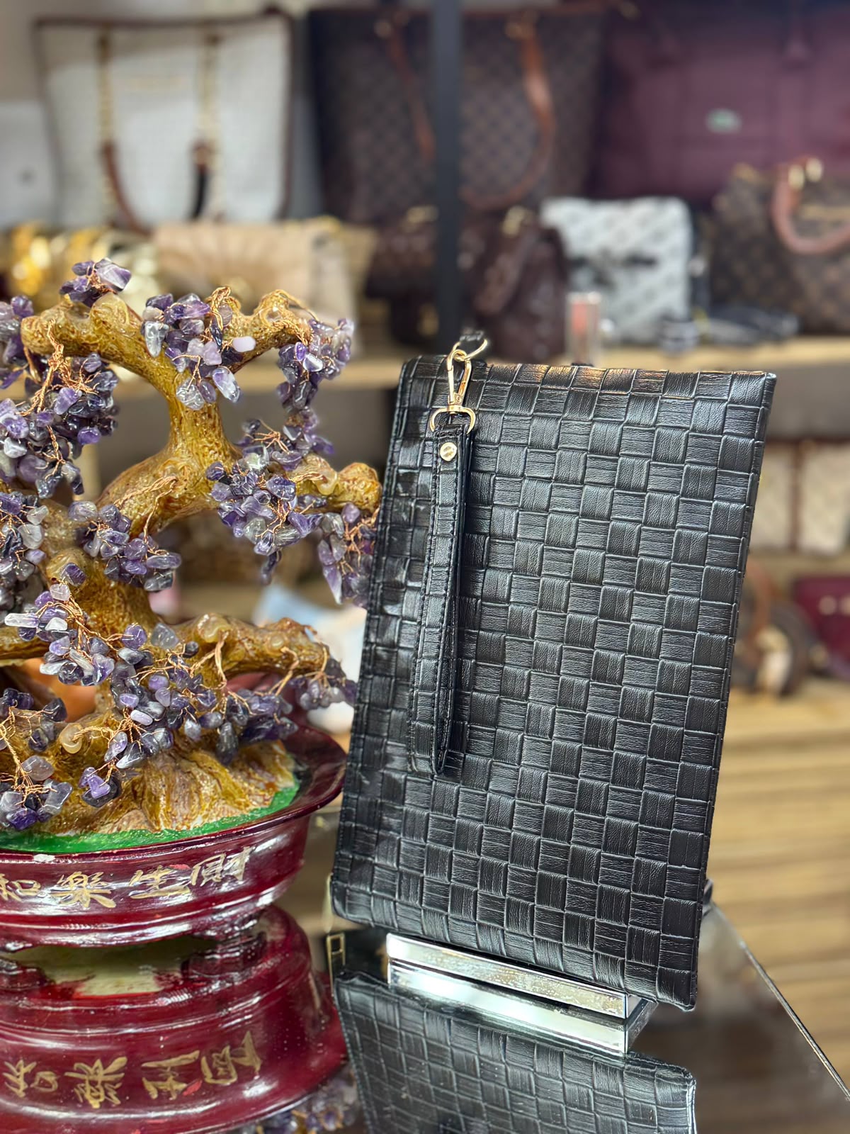 Örgü ve Crinkle Dokulu Bilek Askılı Deri Portföy Çantası (Clutch)