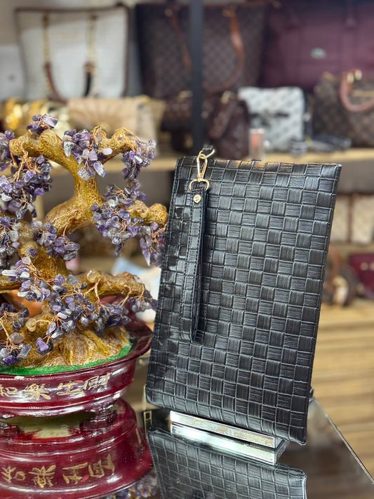 Örgü ve Crinkle Dokulu Bilek Askılı Deri Portföy Çantası (Clutch)